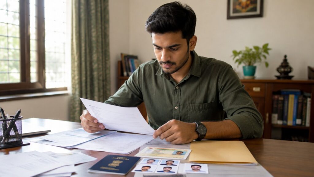 Passport Kaise Banayein guide showing a person preparing documents for passport application