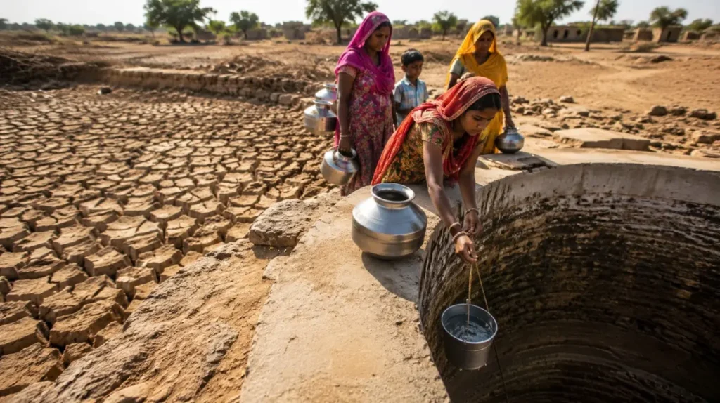 Rajasthan Mein Pani Ki Kami Se Prabhavit Gaon Ke Log Pani Bharte Hue