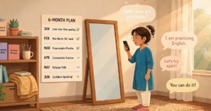 Learn English speaking at home with this practical 6-month plan. Daily habits, sentence patterns, fluency missions, and free resources.