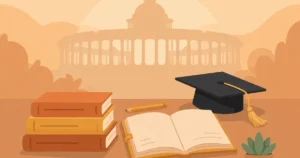 How to prepare for government jobs — books, notebook and graduation cap on a study desk.