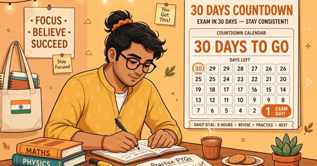 Rajasthan CET 2026 last 30 days study strategy — student preparing with books and calendar illustration.