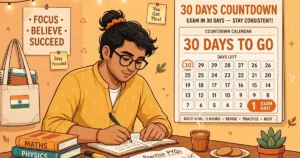 Rajasthan CET 2026 last 30 days study strategy — student preparing with books and calendar illustration.